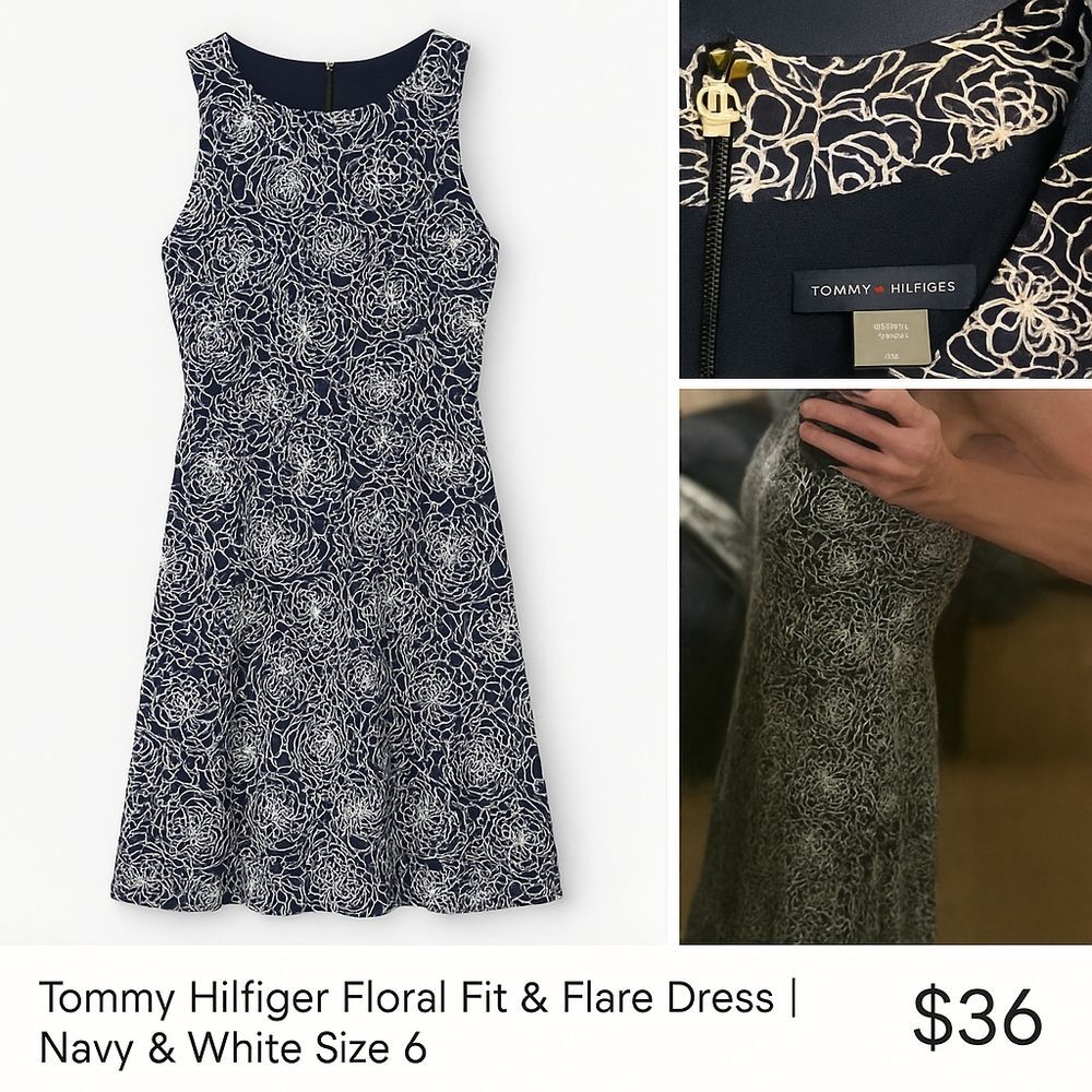 Tommy Hilfiger Floral Fit & Flare Dress | Navy & White Back Zipper Size 6 - Picture 2 of 15